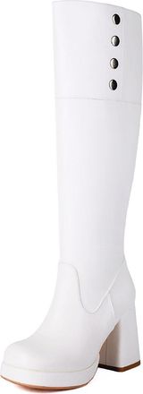 Generic Womens High Heeled Platform Boots Round Toe Knee High Boots PU Leather Long Boot with Side Zipper,White,9.5 UK