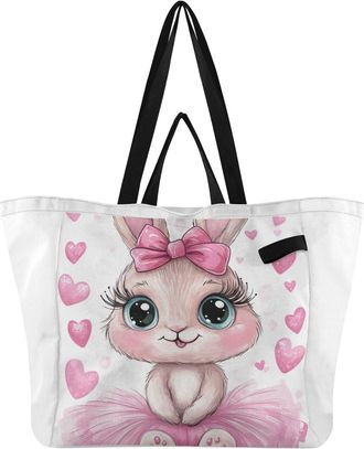 Generic Pink Rabbit Bow pattern Reusable Canvas Tote Bag, Heavy Duty Grocery Shopping Bag with Hard Bottom Large Capacity Double Handles Work Groceries Travel