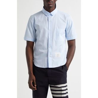 Thom Browne Straight Fit Cotton Poplin Button-Up Shirt in Light Blue at Nordstrom, Size 2