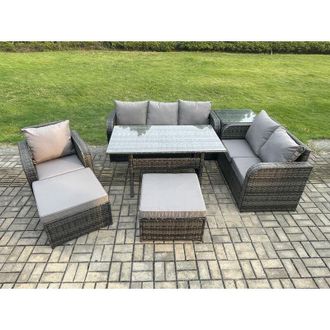 Fimous 7 Piece Rattan Garden Furniture Set with Patio Sofa Rectangular Dining Table Side Table 2 Big Footstool Indoor Conservatory Patio Set - Fimous