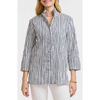 Foxcroft Carolina Crinkled Gingham Cotton Blend Shirt Jacket in White/Black at Nordstrom, Size X-Small