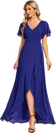 Ever-pretty Womens Chiffon V Neck Ruffle Maxi Evening Prom Dress Sapphire Blue 20UK