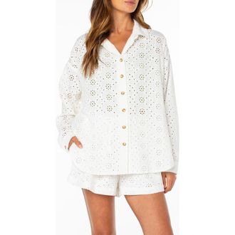 Roxy Morning Eyelet Embroidered Button-Up Shirt in Cloud Dancer at Nordstrom, Size X-Large
