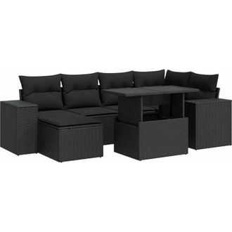 vidaXL Set De Sof&aacute;s De Jard&iacute;n 7 Pzas Con Cojines Rat&aacute;n Sint&eacute;tico Negro
