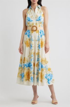 Flying Tomato Floral Sleeveless Cotton Shirtdress in Ivory Blue at Nordstrom, Size Medium