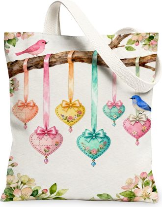 Generic Spring Floral Canvas Tote Bags, Heart Bird Pattern Reusable Grocery Bags, Vintage Lightweight Washable Shoulder Strap, Colorful, 13x15 Inch