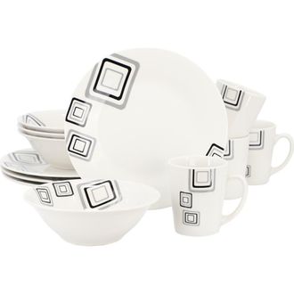 Gibson Home Black Squares 12 Piece Round Fine Ceramic Dinnerware Set in White at Nordstrom