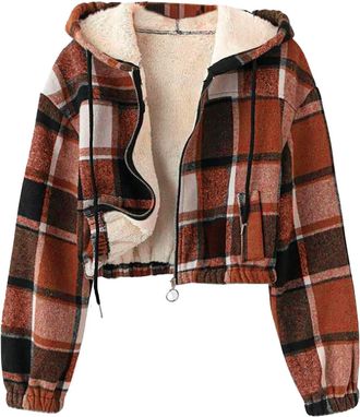 Generic Womens Fluffy Cropped Coats Fleece Lined Flannel Thick Plaid Print Hooded Jacket Long Sleeve Zipper Thermal Lined Short Jackets Casual Plush Cozy Warm