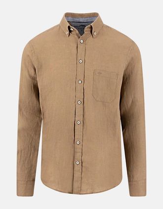 Fynch-Hatton Mens Pure Linen Button Down Shirt Affogato - Brown - Size: 46/Regular