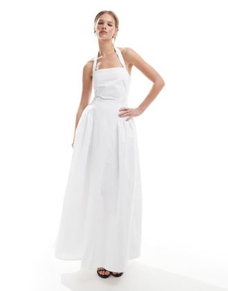4th & Reckless Vestito lungo in cotone bianco con scollo squadrato allacciato al collo e pieghe sui fianchi