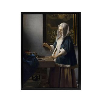 Artery8 Woman Holding a Balance Vermeer Vintage Black Framed Canvas Wall Art in Grey | Size: W24 x H32
