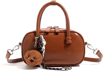 Generic Cymwer Women PU Leather Bowling Shoulder Bag with Zipper for School Work Travel (Brown) (Light Brown)