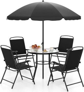 Costway Set da Pranzo da Giardino a 6 Pezzi con Ombrellone, Tavolo e Sedie da Esterno con 4 Poltrone Pieghevoli e Tavolo Rotondo in Vetro Temperato