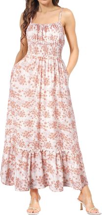 Grace Karin Ladies Elegant Summer Floral Beach Maxi Dresses Smocked A Line Strappy Dress Dual Layer Apricot with Orange Florals XL