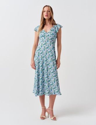 Ghost London Maya Floral Crepe Midi Dress in Blue Ditsy Floral at Nordstrom, Size 14