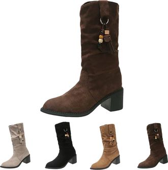 Generic Womens Pointed Toe Mid Calf Boots Slouchy Comfort Chunky Block Heel Shoes Winter Faux Suede Rouched Boots Ladies Non-Slip Rubber Pull On Shoes Coffee