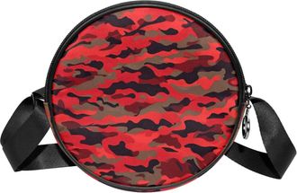 Generic Circle Crossbody Bag for Women, Red Camouflage Small Sling Bag Daypack with Zipper Adjustable Shoulder Straps Casual Ladies Girls Round Purse
