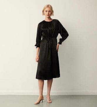 Finery Florian 3/4 Sleeve Round Neck Midi Dress in Black at Nordstrom, Size 12