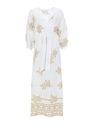 120% Lino Midi Dress With Print