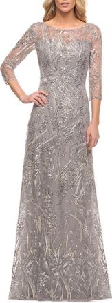 La Femme Long Evening Gown with Unique Lace Beaded Design in Silver at Nordstrom, Size 12