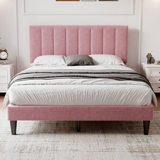 Merax 4ft6 Double Velvet Bed with Adjustable Channel-Tufted Headboard in Pink