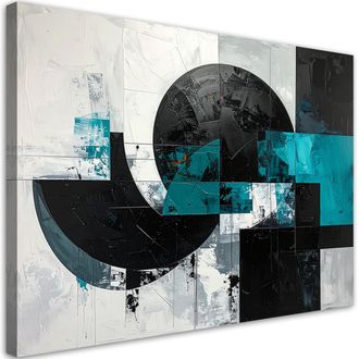Feeby Cuadro En Lienzo, C&iacute;rculos Abstractos Formas Turquesa Y Negro, 120x80