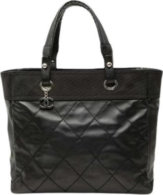 Chanel Pre-owned Paris Biarritz MM Coated Canvas Tote Bag - Dames - Vintage Shopper - Zwart - ONE Size - Leer - Vintage