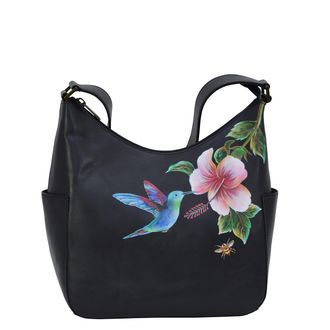 Anuschka Womens Original Hand-Painted Genuine Vegetable Tanned Leather Classic Hobo With Side Pockets - Hummingbird Black
