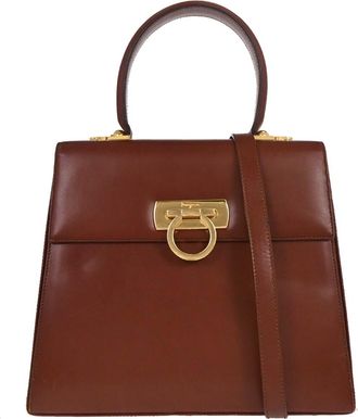 Ferragamo Gancini Convertible Top Handle Bag Leather Brown Leather Handbag (Pre-Owned)