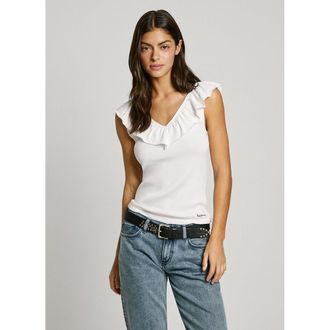 Pepe Jeans London Geribd T-shirt met V-hals en ruches