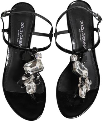 Dolce & Gabbana Womens Black Leather Crystal Ankle Strap Sandals Shoes