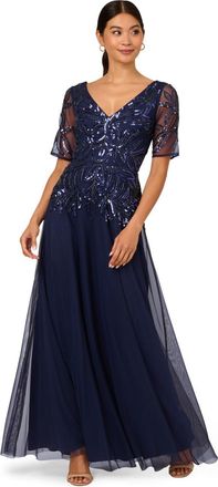 Adrianna Papell Womens Beaded Mesh Long Dress - Navy Sequin - Size 14 UK