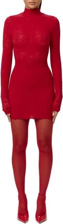Naked Wardrobe Scalloped Long Sleeve Lace Minidress in Ruby Red at Nordstrom, Size X-Small