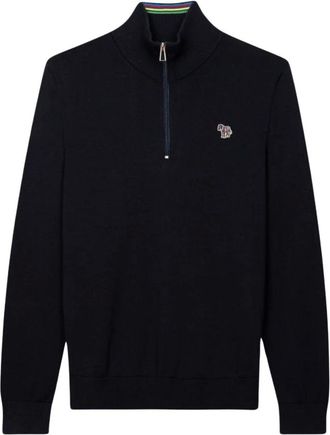 Paul Smith Quarter Zip Zebra Logo Jumper - male - Paul Smith - Turtlenecks - Blue - 2XL - Knitwear