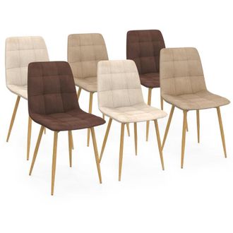 IDMarket Set di 6 sedie MILA in velluto misto taupe x2, beige x2 e marrone x2 con gambe effetto legno per sala da pranzo