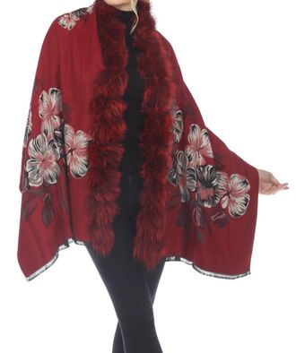Belle Fare Real Silver Fox Trim Cashmere Blend Floral Wrap Cover-Up In Wine/black