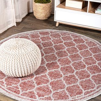 Jonathan Y Designs Trebol Moroccan Trellis Textured Weave Indoor/Outdoor Round Area Rug in Red/beige at Nordstrom, Size 3Ft 0In X 3Ft 0In