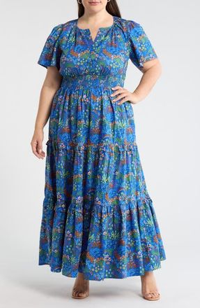 Sugarlips Ruy Floral Palmer Tiered Cotton Maxi Dress in Blue at Nordstrom, Size 3 X