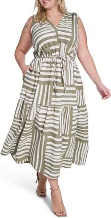 Calvin Klein Geometric Tie Waist Midi Dress in Light Olive/Cream at Nordstrom Rack, Size 18W