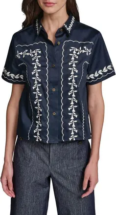Karl Lagerfeld Embroidered Button-Up Shirt in Midnight Navy at Nordstrom, Size X-Small