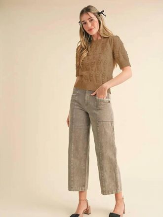Merci Popcorn Knit Pointelle Short Sleeve Sweater In Beige Taupe