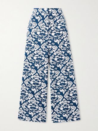 Emporio Sirenuse Pantaloni A Gamba Larga In Twill Di Cotone Floreale Adele Lotus - Blu
