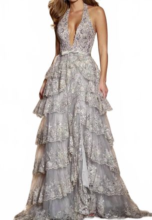 Sherri Hill Plunging Beaded Lace Gown In Silver