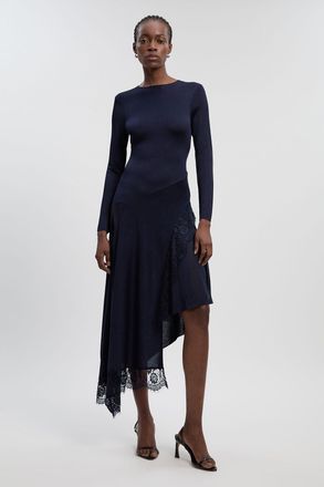 Karen Millen Womens Viscose Blend Slinky Sheer Lace Detail Asymmetric Knit Maxi Dress - Navy - Size X-Small