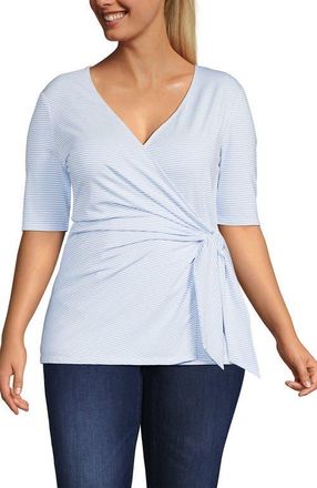 Lands End Elbow Sleeve Lightweight Jersey Side Tie Blouse in White/periwinkle Tiny Stripe at Nordstrom, Size 3X