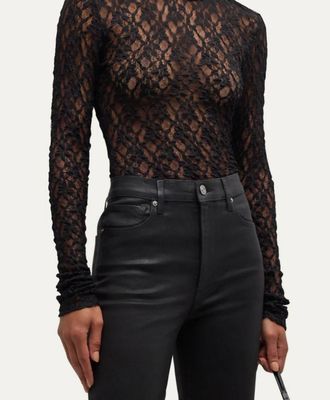 Frame Denim Mesh Lace Crewneck Tee In Black