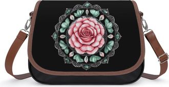 Generic Watercolor Rose Mandalas Crossbody Bag Womens Handbag PU Message Bags Shoulder Purse with Adjustable Strap