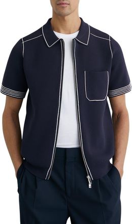 Reiss Blake Piped Zip Shirt in Navy at Nordstrom, Size Xx-Large