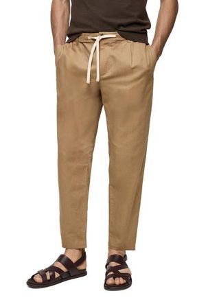 Mango Slim Fit Pleated Crop Linen & Cotton Drawstring Pants in Tobacco Brown at Nordstrom, Size 32