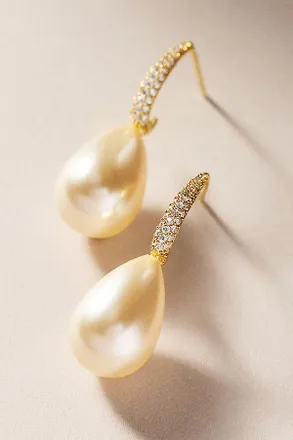 Adina Eden Pave Teardrop Pearl Hoop Earrings